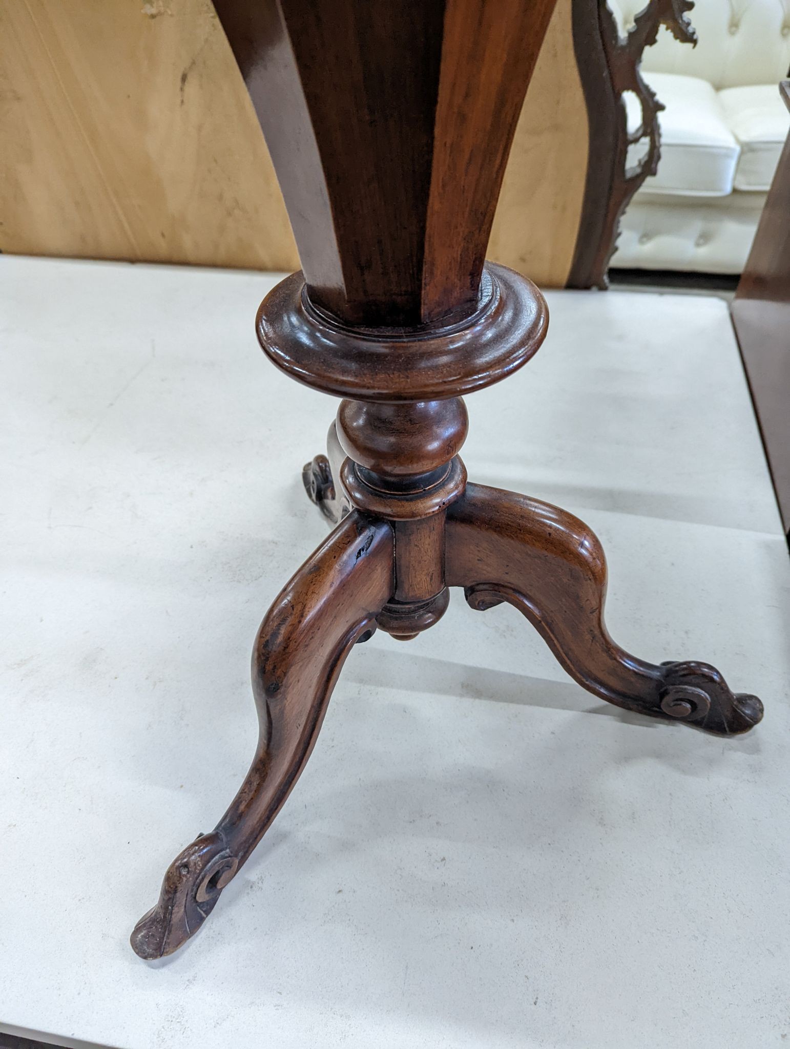 A Victorian marquetry inlaid walnut octagonal trumpet work box, width 41cm, height 74cm